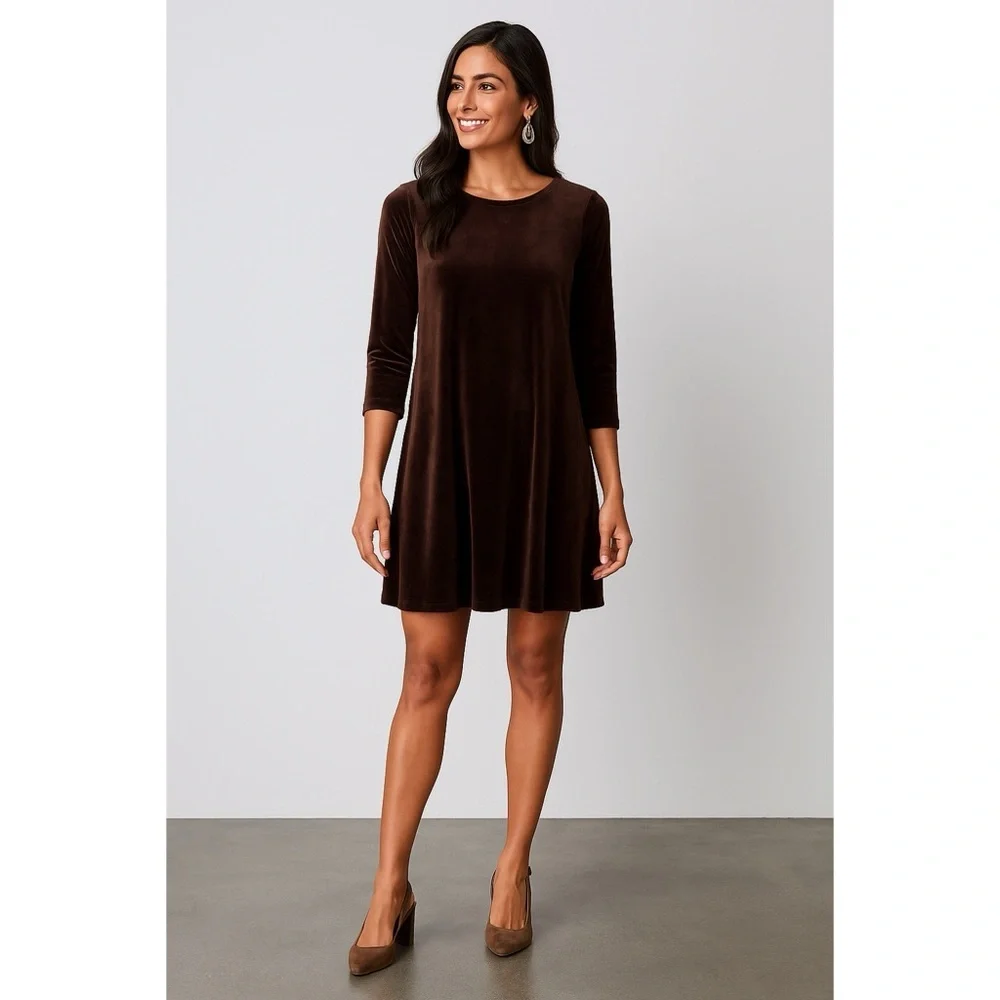 LOFT Outlet Brown Velour Swing Dress Long Sleeve A Line Stretch Velvet‎ M